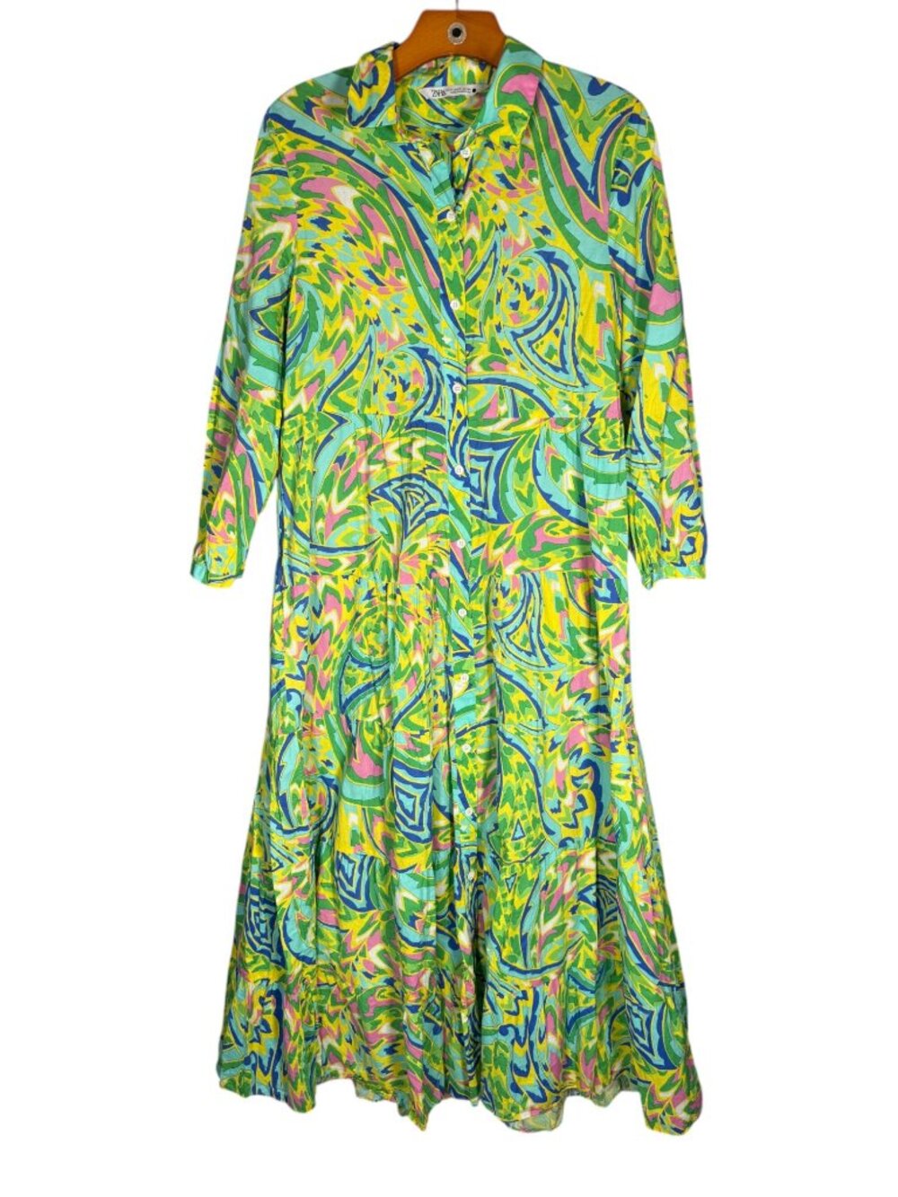 Zara 100% Cotton Tiered Maxi Dress Maximalist Resort Dopamine Dressing Modest M